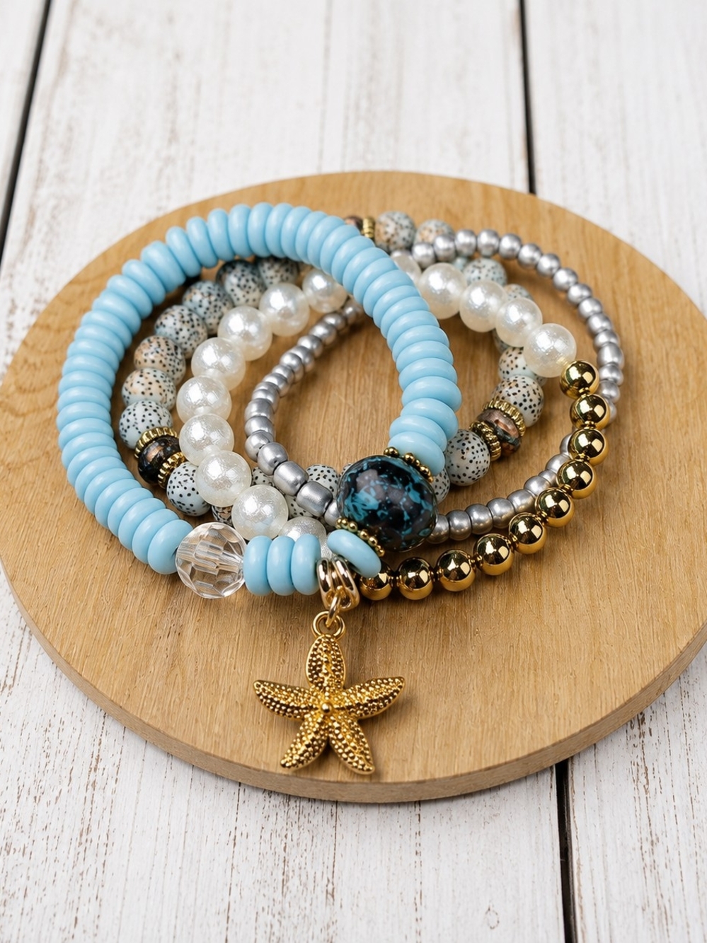 Turquoise and Gold Stacked Bead Bracelets with Starfish Charm